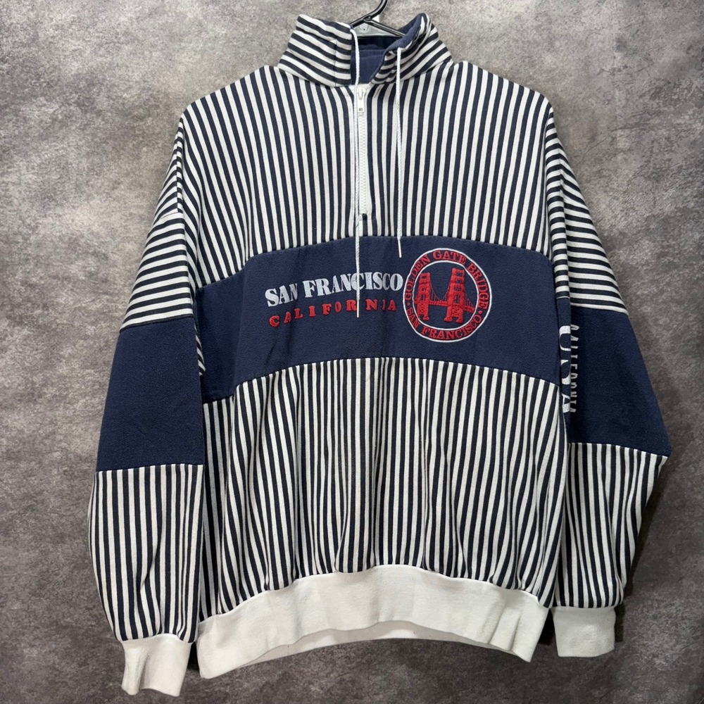 VTG 90s San Francisco California Striped 1/4 Zip Pullover Sweatshirt Size L Navy